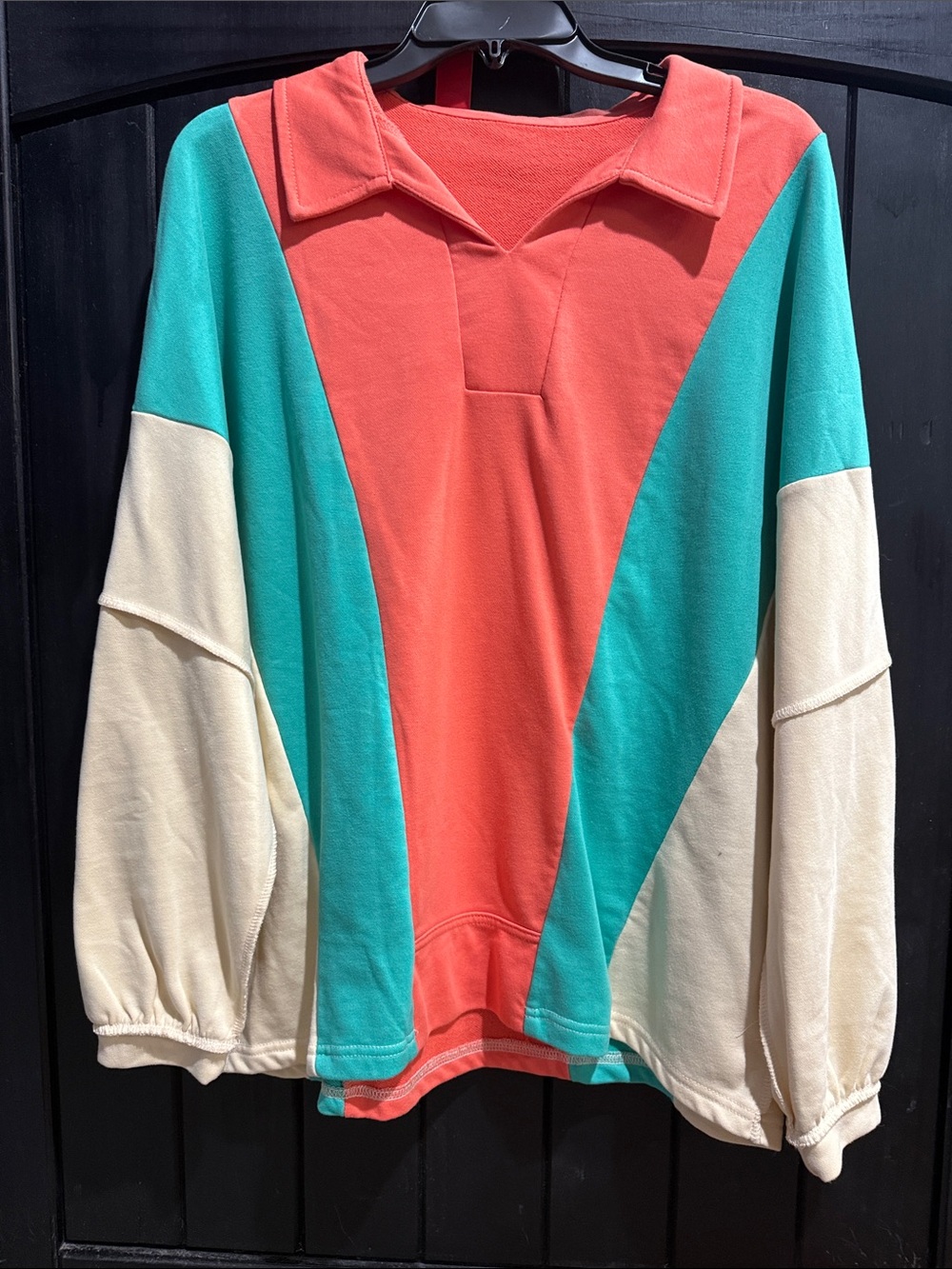 Colorblock Collared Sweatshirt - Coral, Teal & Cream